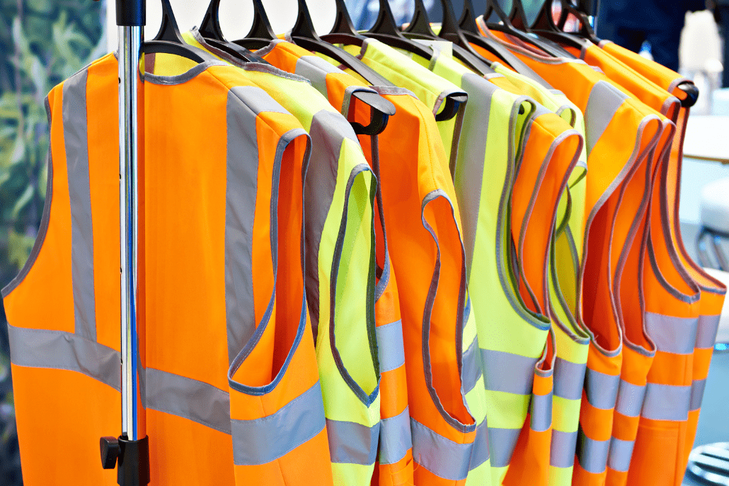 Safety Clothing High-visibility safety vests, disposable coveralls, and protective clothing for industrial workers