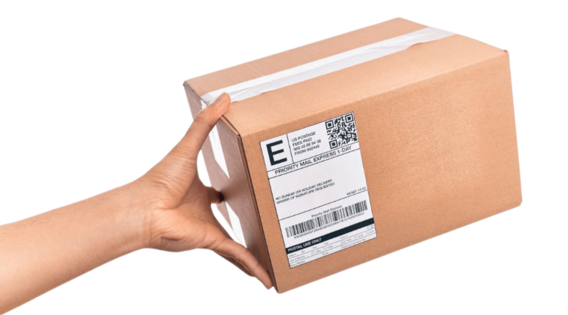Hand holding a corrugated shipping box with a priority mail shipping label and QR code applied for ecommerce order fulfillment