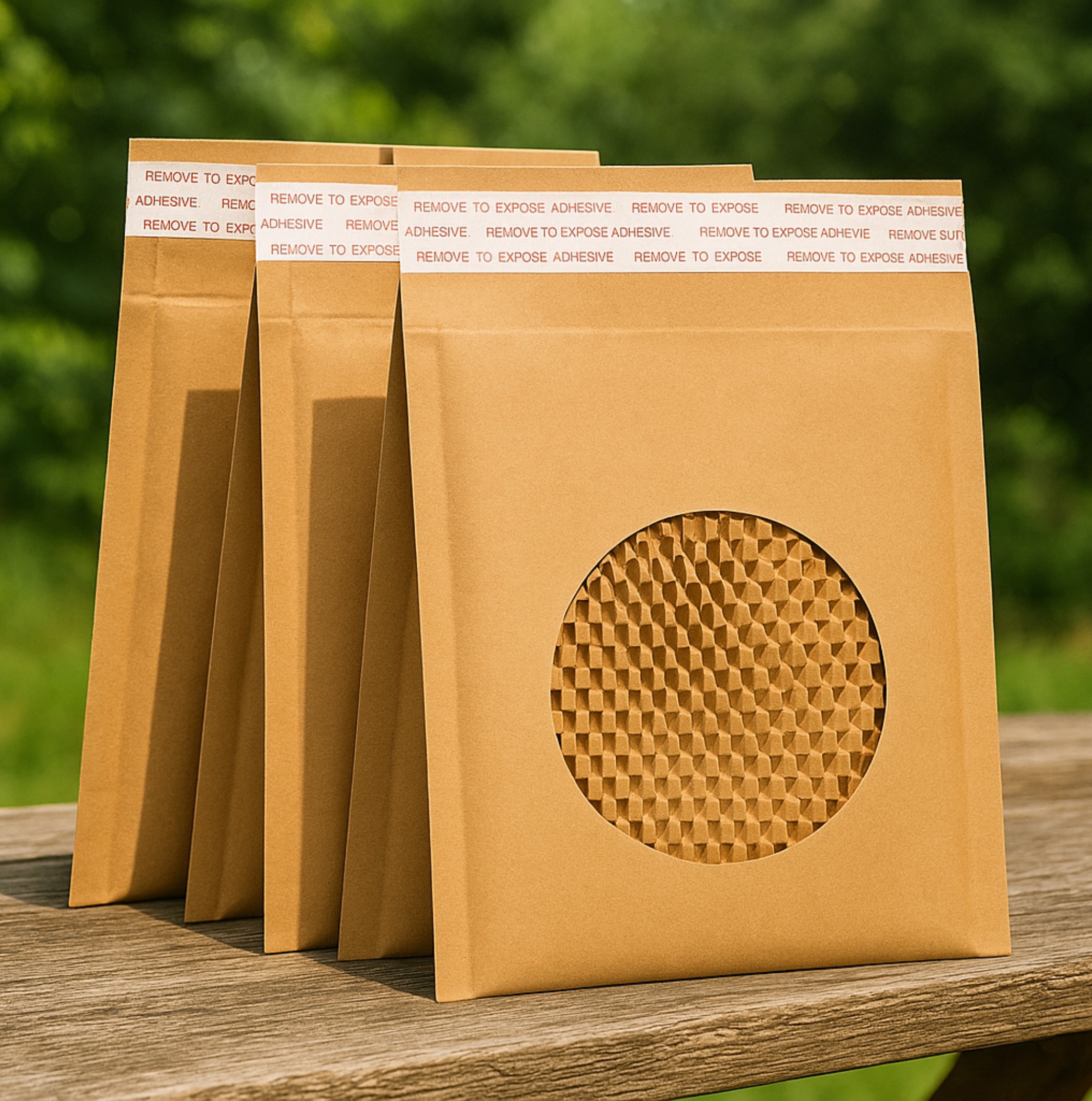 Kraft honeycomb mailers with peel-and-seal adhesive strip, displayed outdoors with visible paper cushioning.