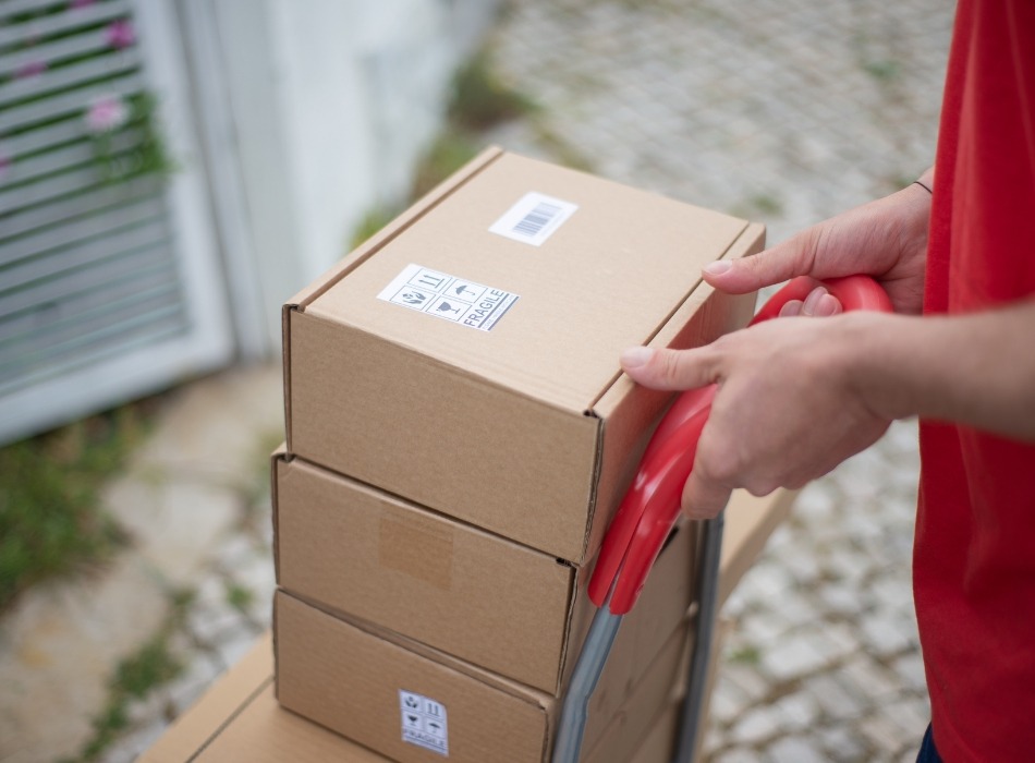 A stack of corrugate boxes being pushed for transport on a trolley