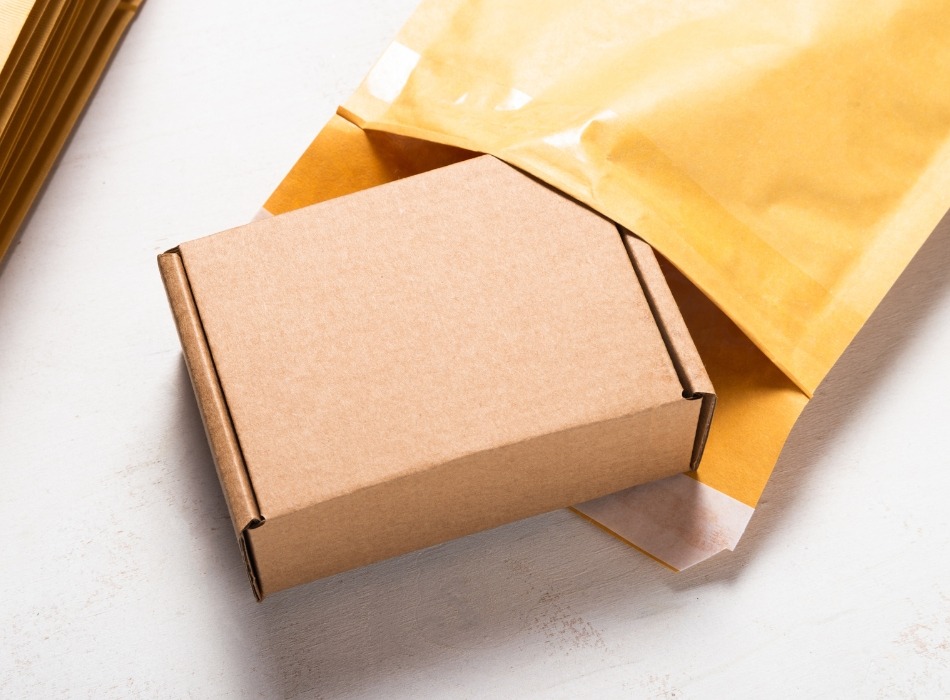 A corrugate box being places into a kraft mailer