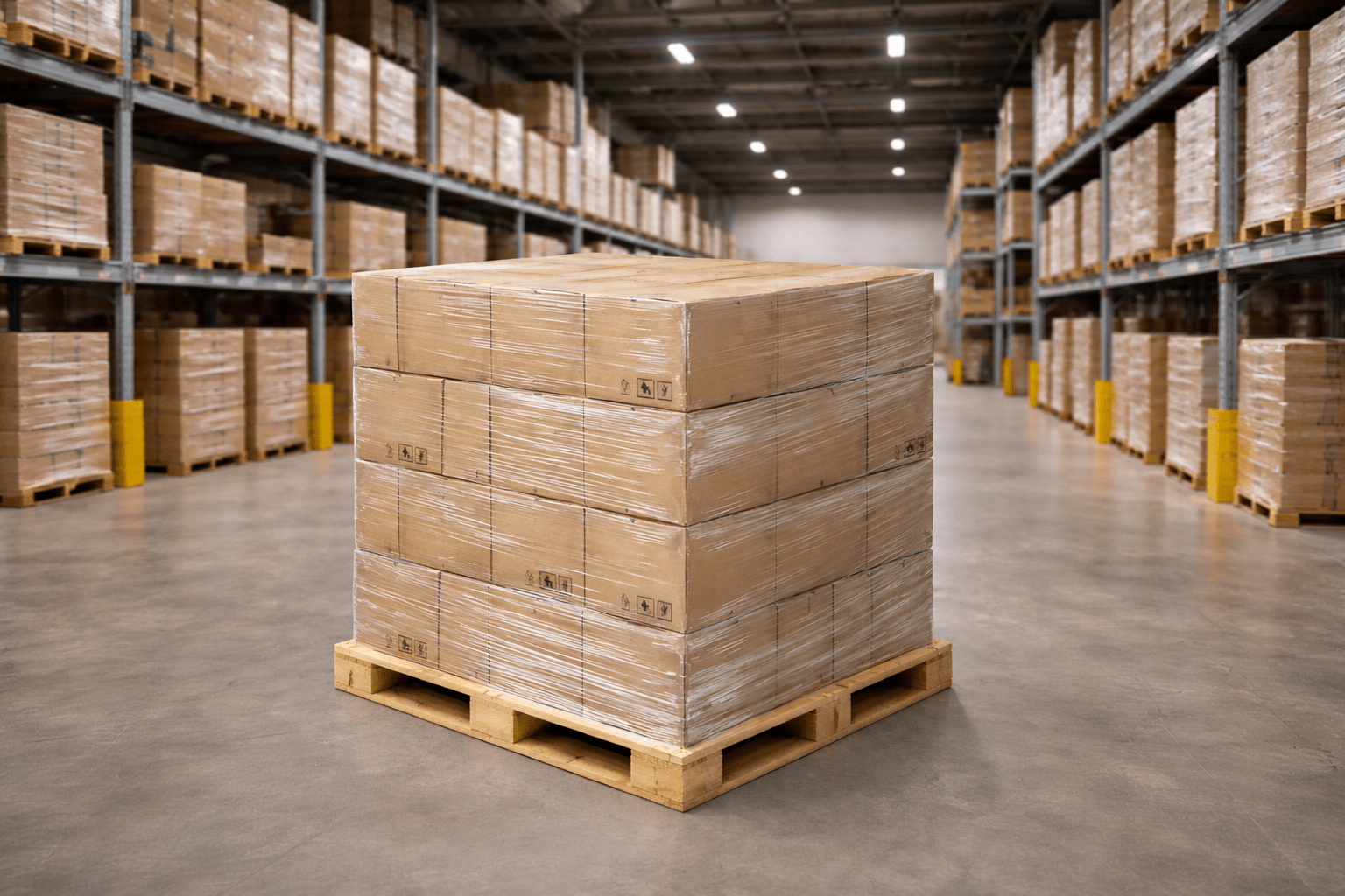 Stretch-wrapped pallet load in warehouse ready for shipping