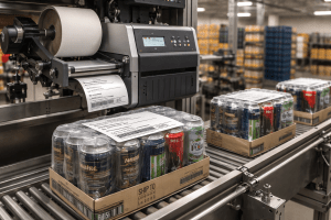 Industrial thermal transfer label printer applying shipping labels to cases of beverage cans on a warehouse conveyor line