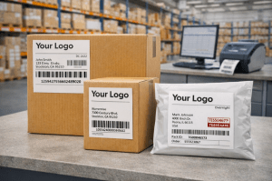 Custom branded shipping labels applied to corrugated boxes and a poly mailer in a warehouse fulfilment environment