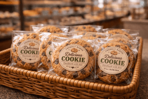 Custom label applications for bakery cookie packaging, food clamshell best-before labels, and branded warehouse shipping boxes