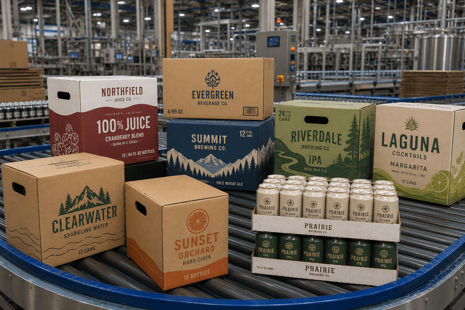 Our range of corrugate products shown on a conveyor for packaging beverages 