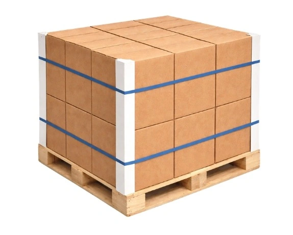 Edgeboard protectors on pallet with poly strapping applied to all four edges