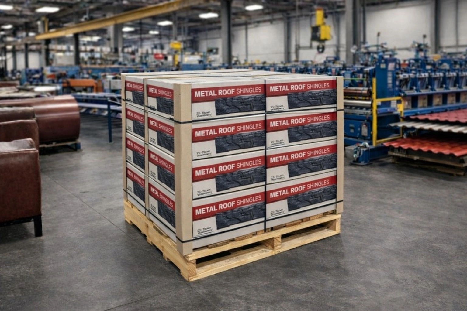 Edgeboard protectors on heavy metal parts pallet in manufacturing facility