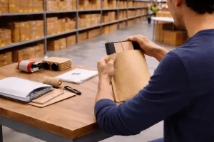 Third-party logistics team packing orders using kraft and poly mailers in a 3PL warehouse