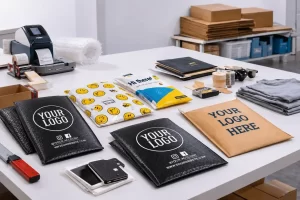 Poly and kraft mailers being prepared for eCommerce order fulfillment at a shipping station