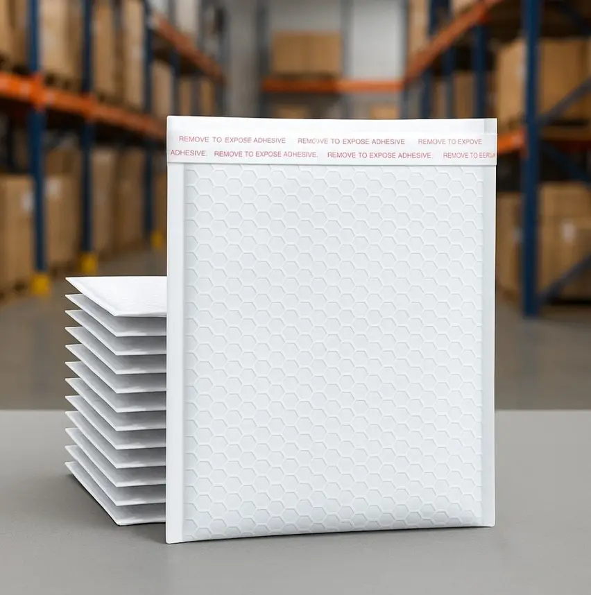 Poly Bubble Mailers White poly bubble mailer with self-seal adhesive strip for shipping semi-fragile items