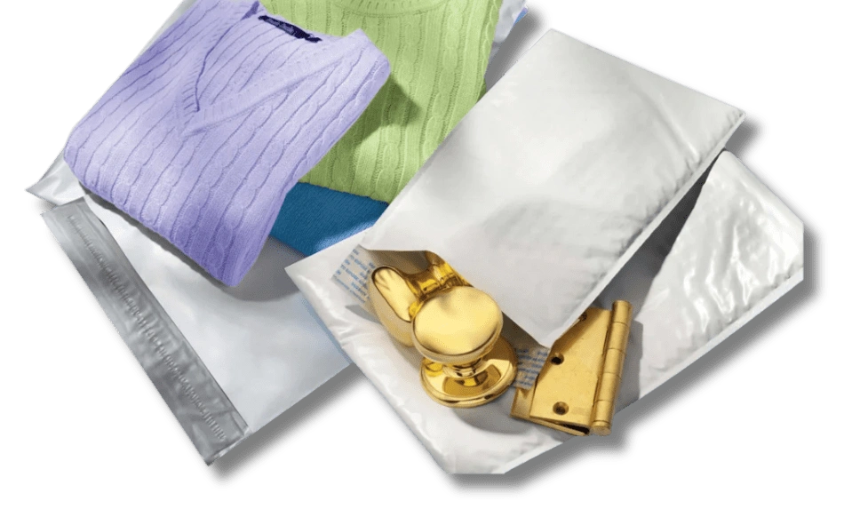 Poly Mailers (2) Assortment of poly bubble mailers in different sizes and colours showing available sample options