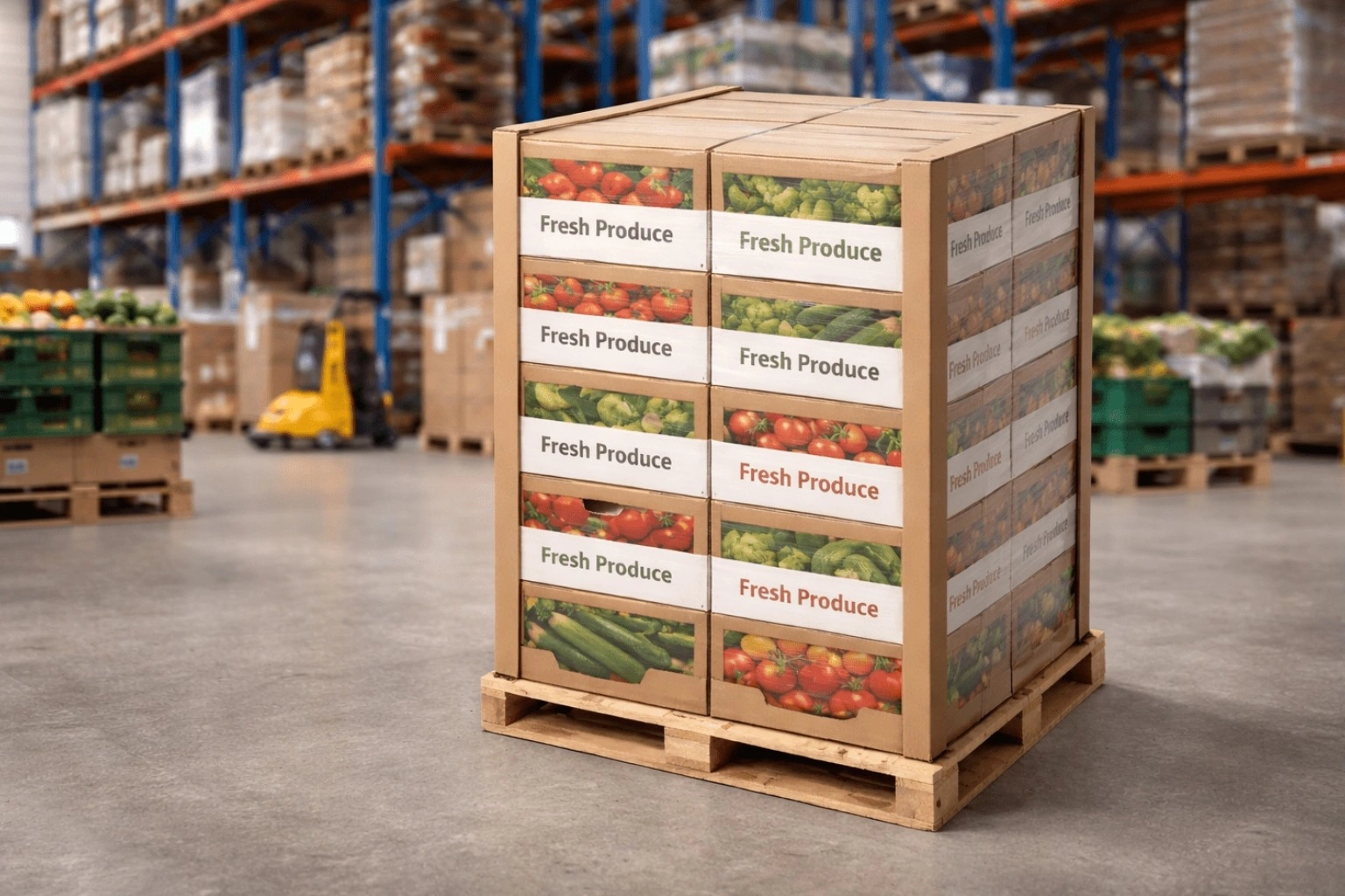 Edgeboard protectors on stacked produce boxes for farm and grower shipments