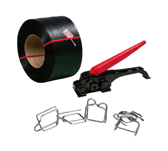 Polypropylene and polyester strapping for securing pallets and shipments