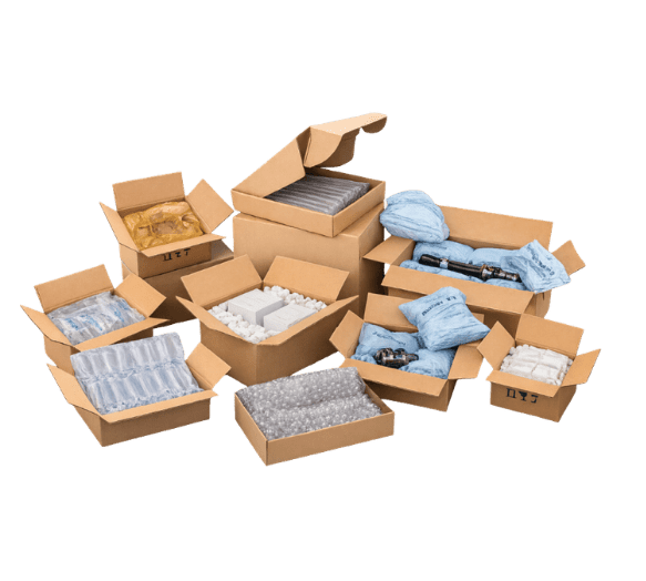 Paper and air void fill packaging to protect products in shipping boxes